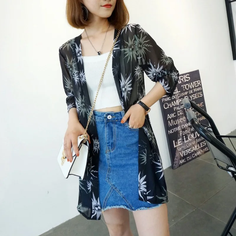 Модная женская рубашка с длинным рукавом Blusas куртка длинная свободная повседневная Sunblock укороченный шифоновый кардиган с принтом кимоно