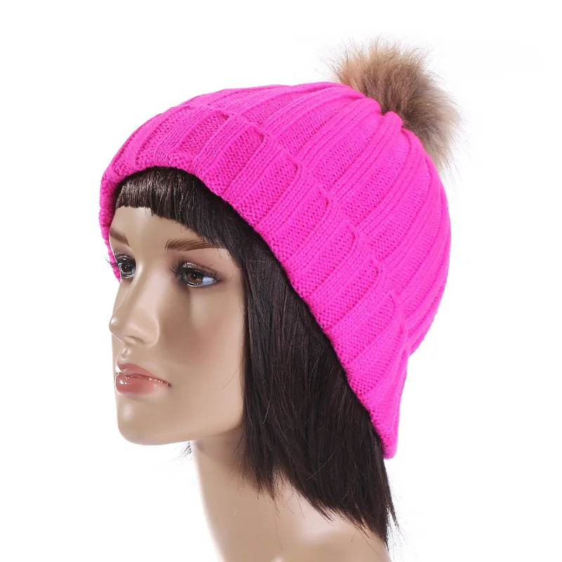 Зимняя женская шапка с искусственного меха кабель вязать Полосатый Pom Beanie Топ