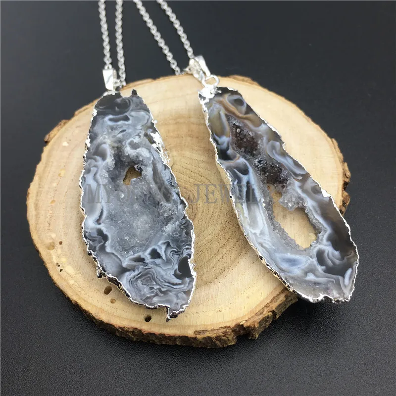 Natural Agates Geode Druzy Slice Silver Electroplated Pendant Necklace With Color Chain MY0856 | Украшения и аксессуары