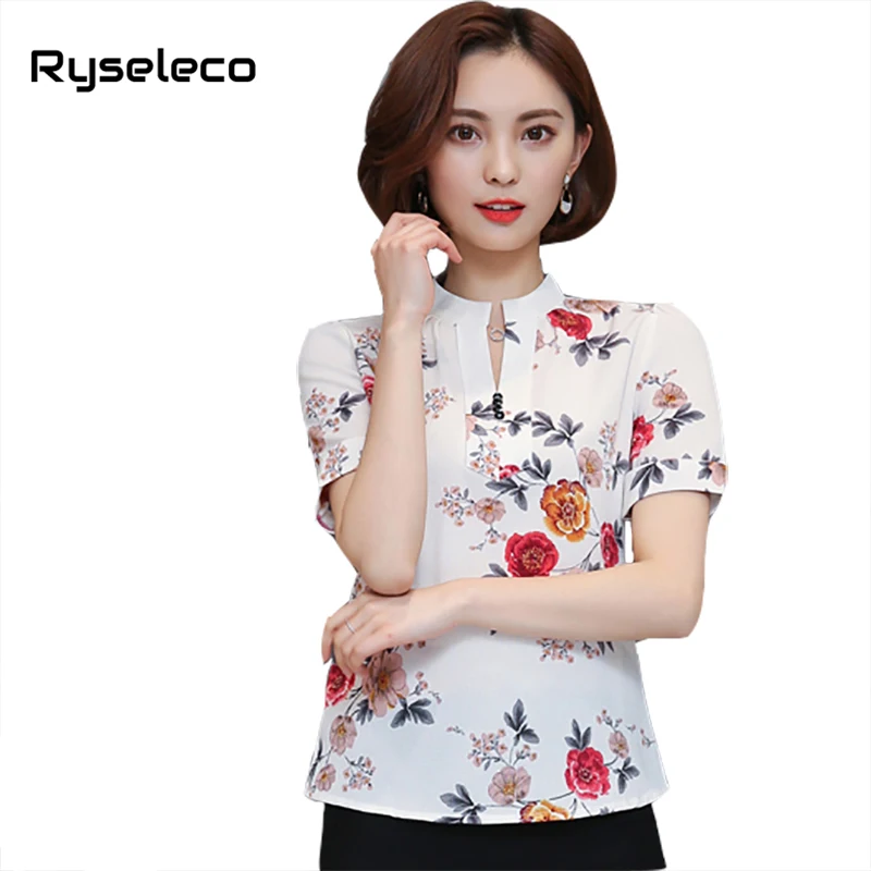 

Plus size Floral Prints Elegant Women Chiffon Blouse 2018 Summer Fashion Stand Collar Oversize Cool Casual Work Wear Shirts 3XL