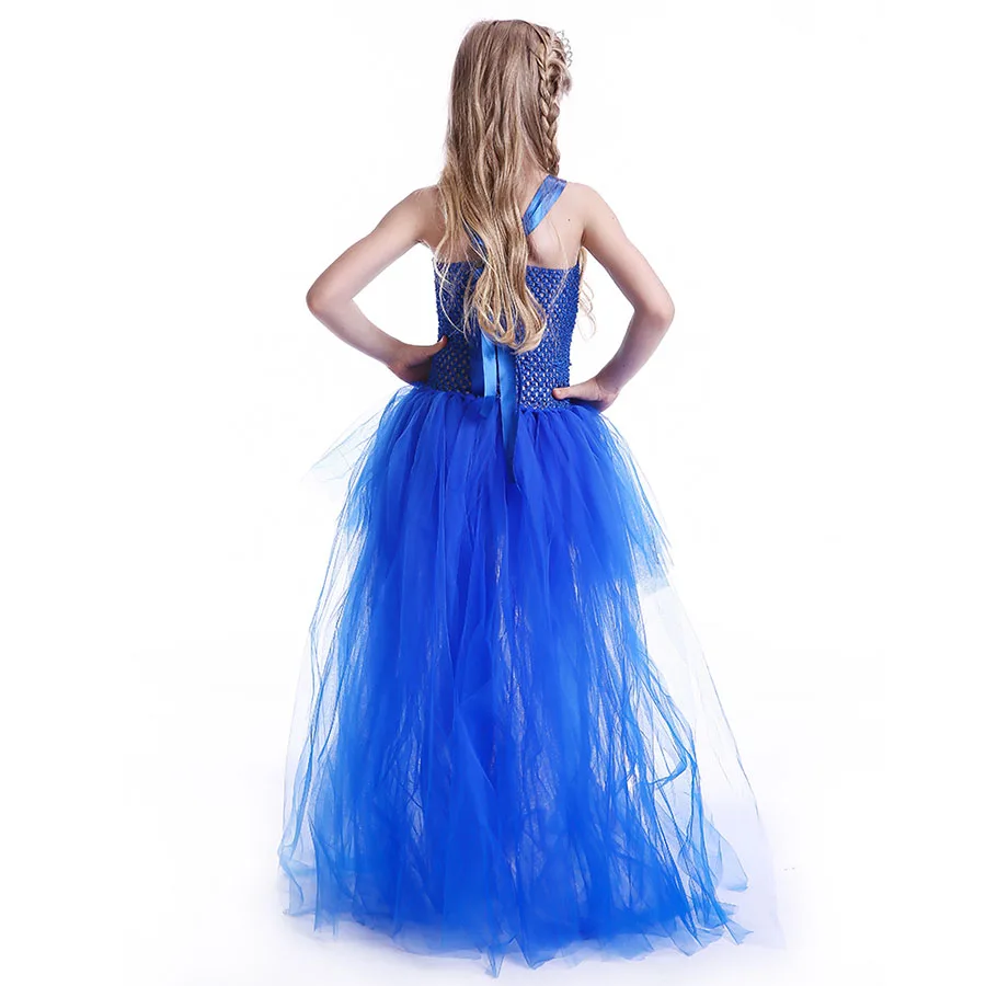 Kids Blue Flower Long Tail Tutu Dress 2018 new Baby Girl Floral Elegant Costume Princess Wedding Ball Gown Birthday TUTU | Детская