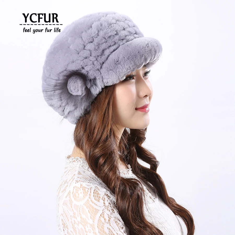 

YCFUR Women's Hats Caps Winter Knit Real Rex Rabbit Fur Beanies Hats with Silver Fox Fur Flower Hat Beanie Female