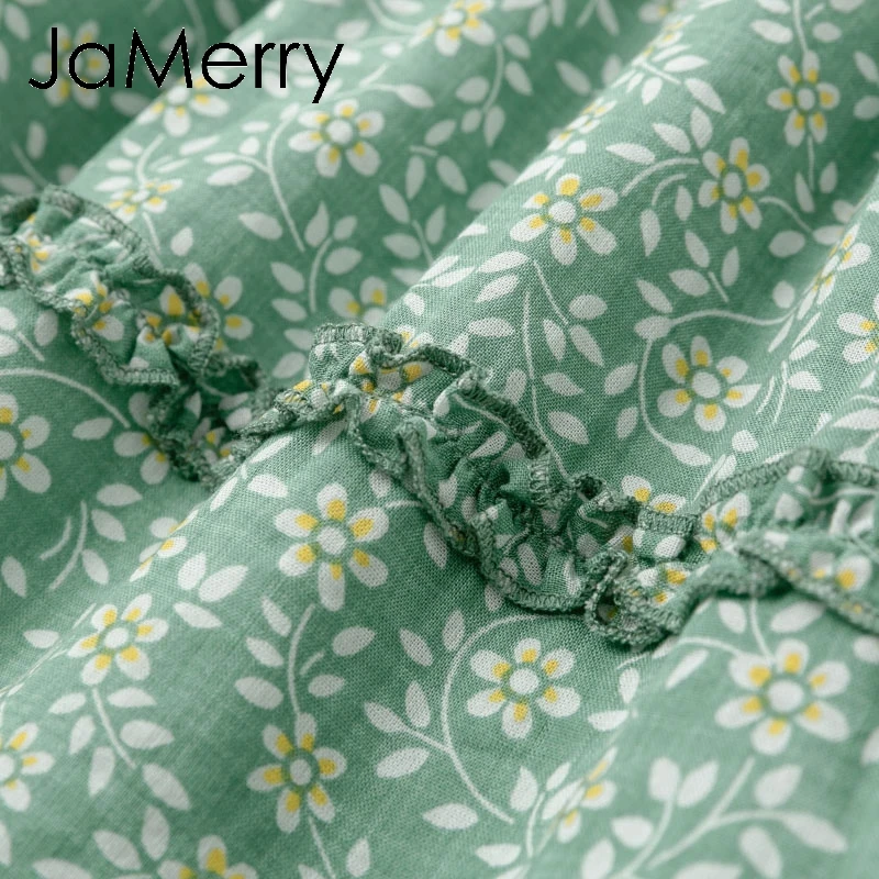 JaMerry Boho пляжное Хлопковое платье с цветочным принтом летнее зеленое рюшами и