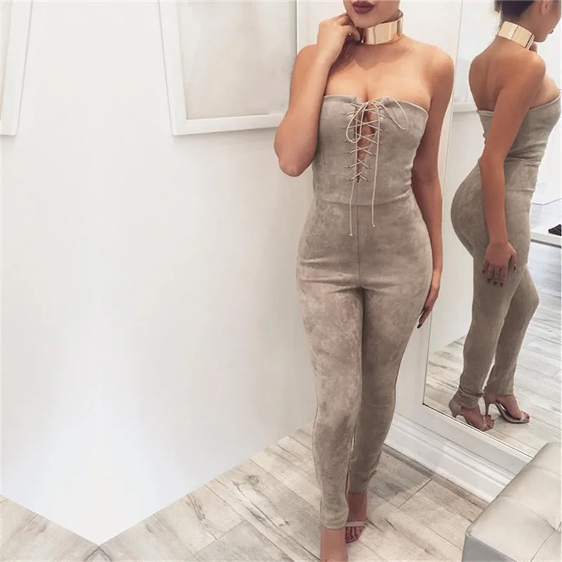 Мода года осень боди Sexy Lady с открытыми плечами замши Комбинезоны для малышек Для женщин Комбинезоны Кружево до v Средства ухода за кожей шеи Bodycon Лонг Playsuit Комбинезоны для девочек