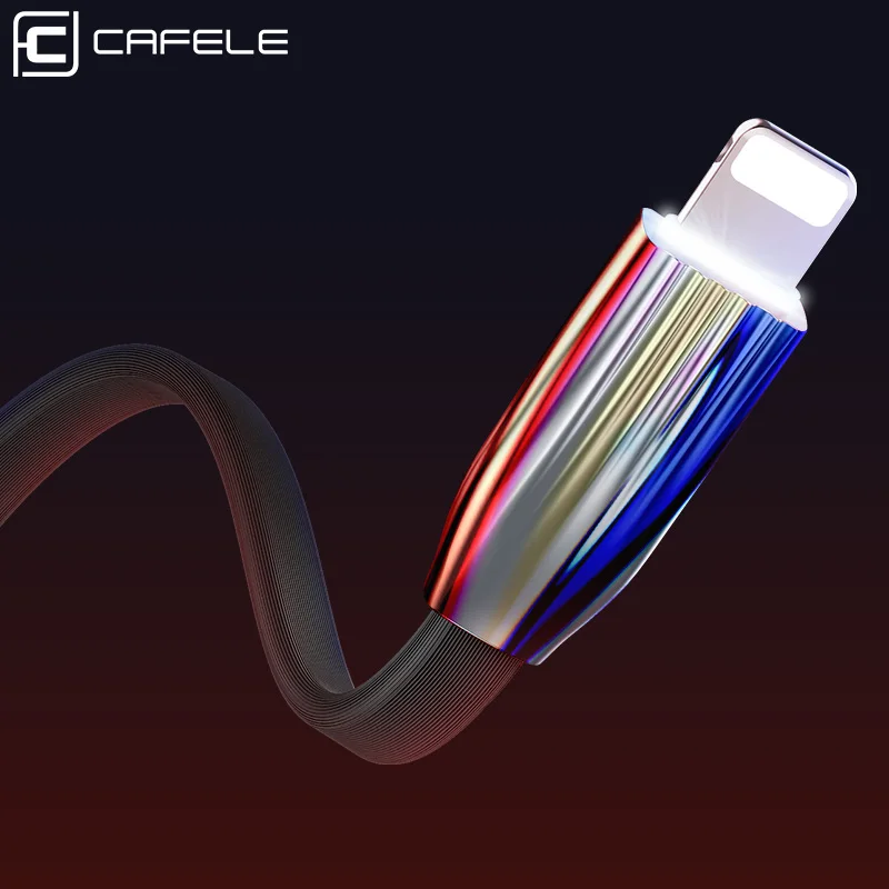 USB кабель Cafele Lighting для iPhone X Xr Xs Max 8 7 6s Plus с белым светодиодом 120 см плоский
