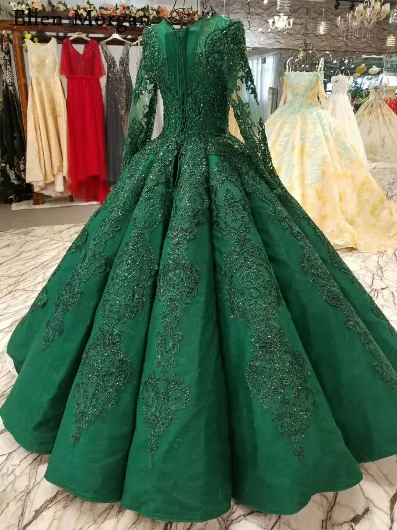 High Quality Green Ball Gowns Wedding Dresses 2019 Saudi Arabian Dubai Lace up Vintage Long Sleeves Muslim Bridal Gowns