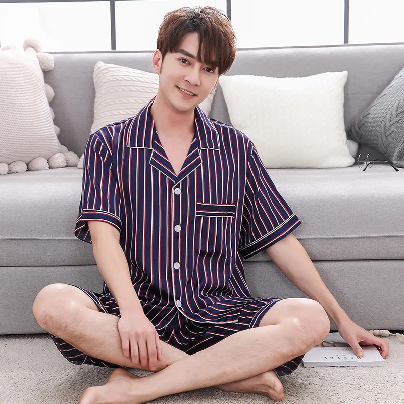 

BZEL 2019 New Striped Short Sleeve Couple Pajamas Set Men Women Summer Turn-down Collar Sleepwear Lingerie Two Piece Pyjama Suit