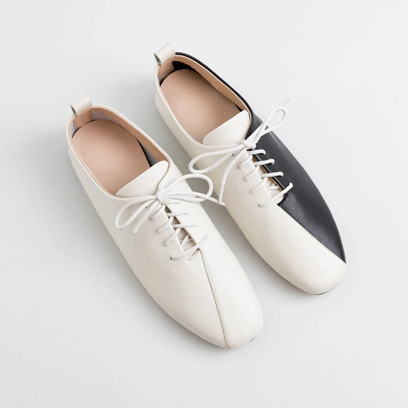 beige black Xiuningyan/Женская обувь из натуральной кожи на плоской подошве со шнуровкой и квадратным носком; мягкая кожаная обувь; сезон весна; модные повседневные женские туфли-оксфорды; женская обувь - Цвет: beige black