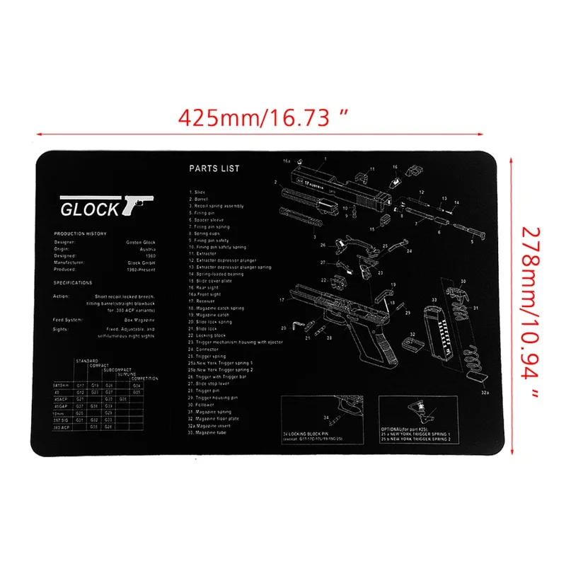Резиновый коврик для чистки Пистолетов Glock 1" x 11" водонепроницаемый нескользящий чистый коврик с схемой деталей и инструкциями оружейные стенды RL37-0082