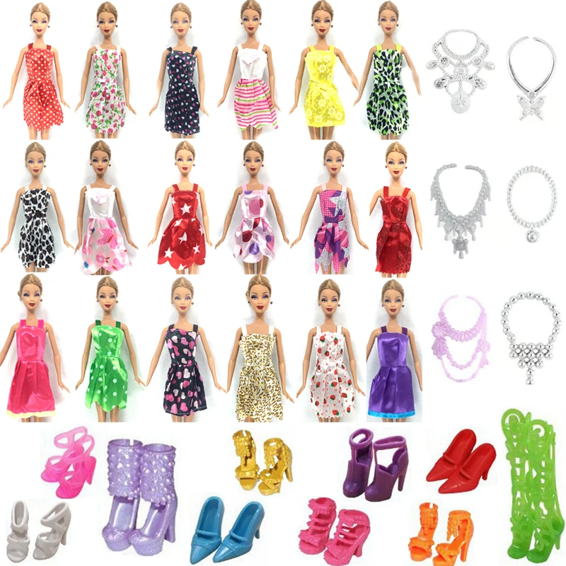 Fashion Dress+6 Plastic Necklac+10 Pair Shoes For Barbie Dol