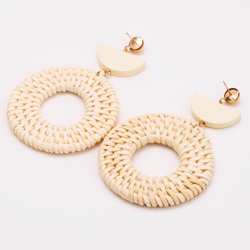 ZINFANDEL Exaggeration Korean Fashion Wood Rattan Weave Big Earrings For Women Ear Nail Round Best Seller Boho Wind Accessories | Украшения