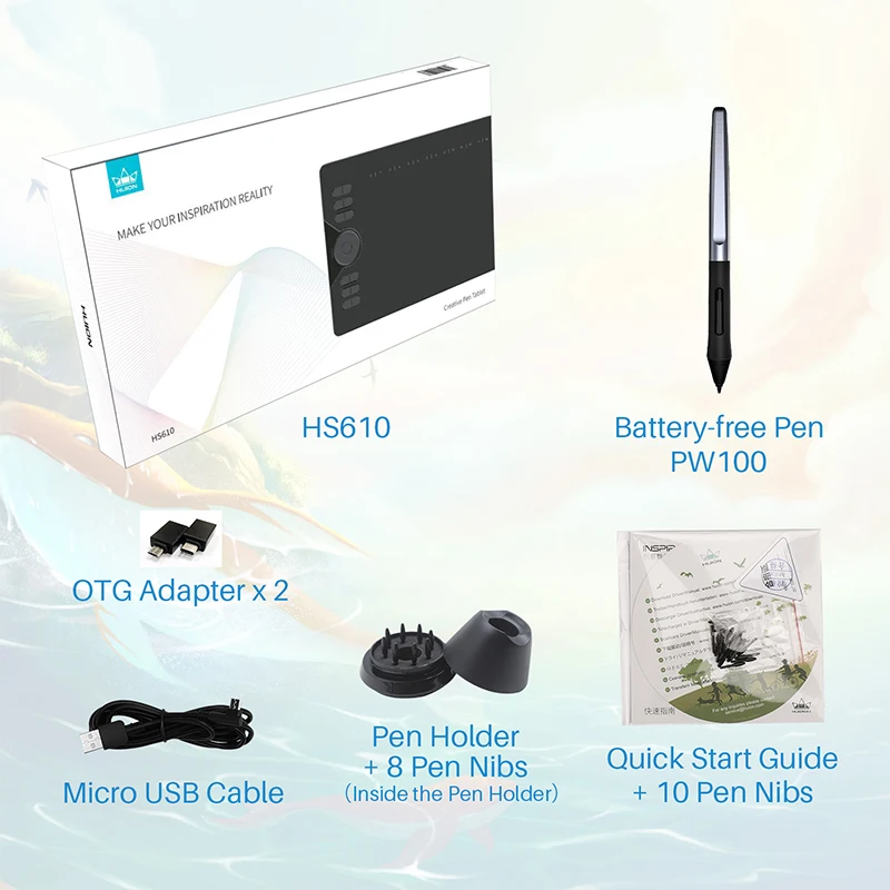 HUION HS610 графические планшеты цифровая ручка планшет телефон планшет для рисования с наклоном OTG без батареи стилус для Android Windows macOS