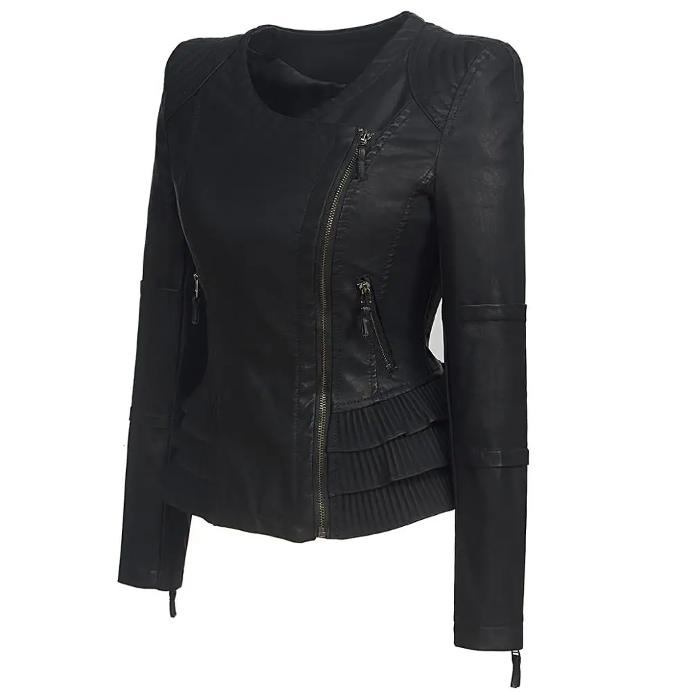 Женская куртка из искусственной кожи SX черная мотоциклетная с краями лотоса на