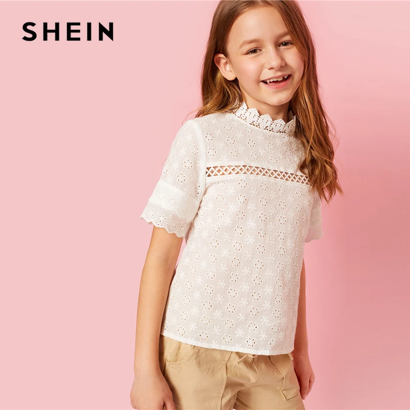 SHEIN Kiddie Ginger/однотонная кружевная блузка с рюшами и проймой для подростков г., летняя детская блузка с рукавами-бабочками на пуговицах, рубашка