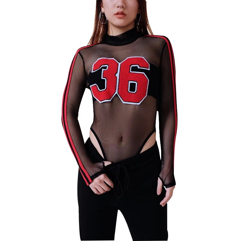 2018 модные женские туфли письмо сетки боди Леди с длинным рукавом дно Комбинезоны