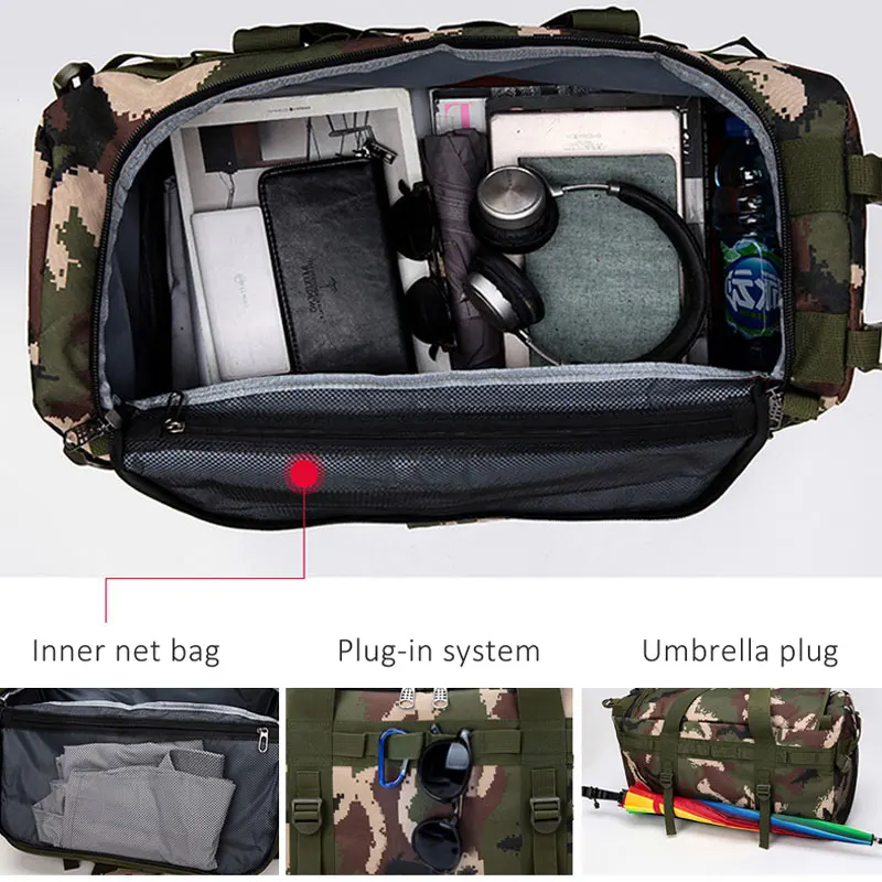 Scione 60L Multifunction Luggage Handbag Men Travel Suitcase Camouflage Duffel Back Pack Large Casual Weekend Shoulder Tote Bag