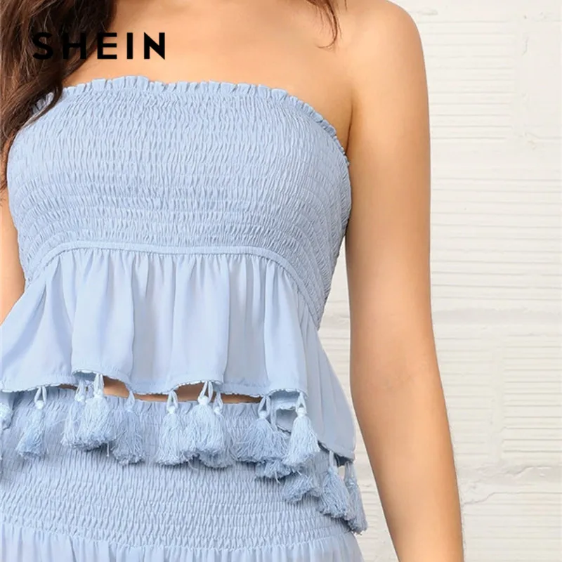 SHEIN Топ С Бахромой И Брюки Комплект Женский Богемный Синий Топ И Длинные Брюки Наборы Для Отдыха