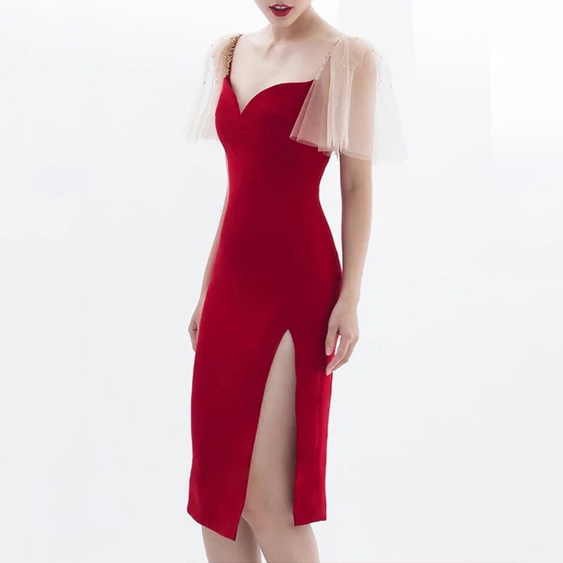 Max Spri, новинка, Vestidos, сексуальные, глубокий v-образный вырез, женские, вечерние, Клубные, с разрезом, платье с короткими рукавами, с металлическими бусинами, длиной до колен