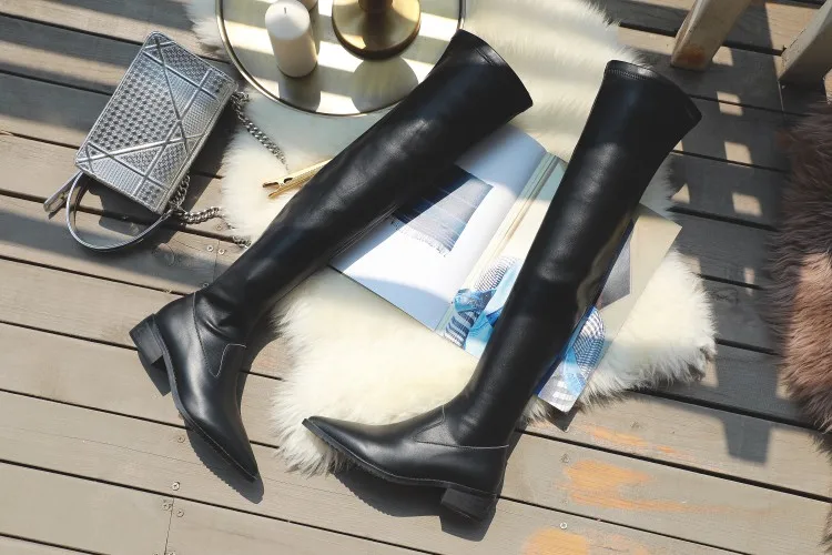 MLJUESE women over the knee boots cow leather slip on autumn spring low heel pointed toe boots high boots size 34-43