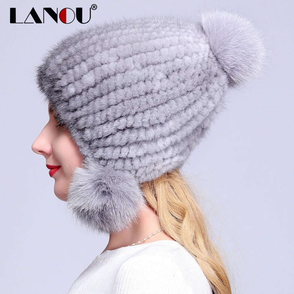 Lanou норки Шапки для Для женщин 100% реального Мех животных вязаные шапочки Кепки с