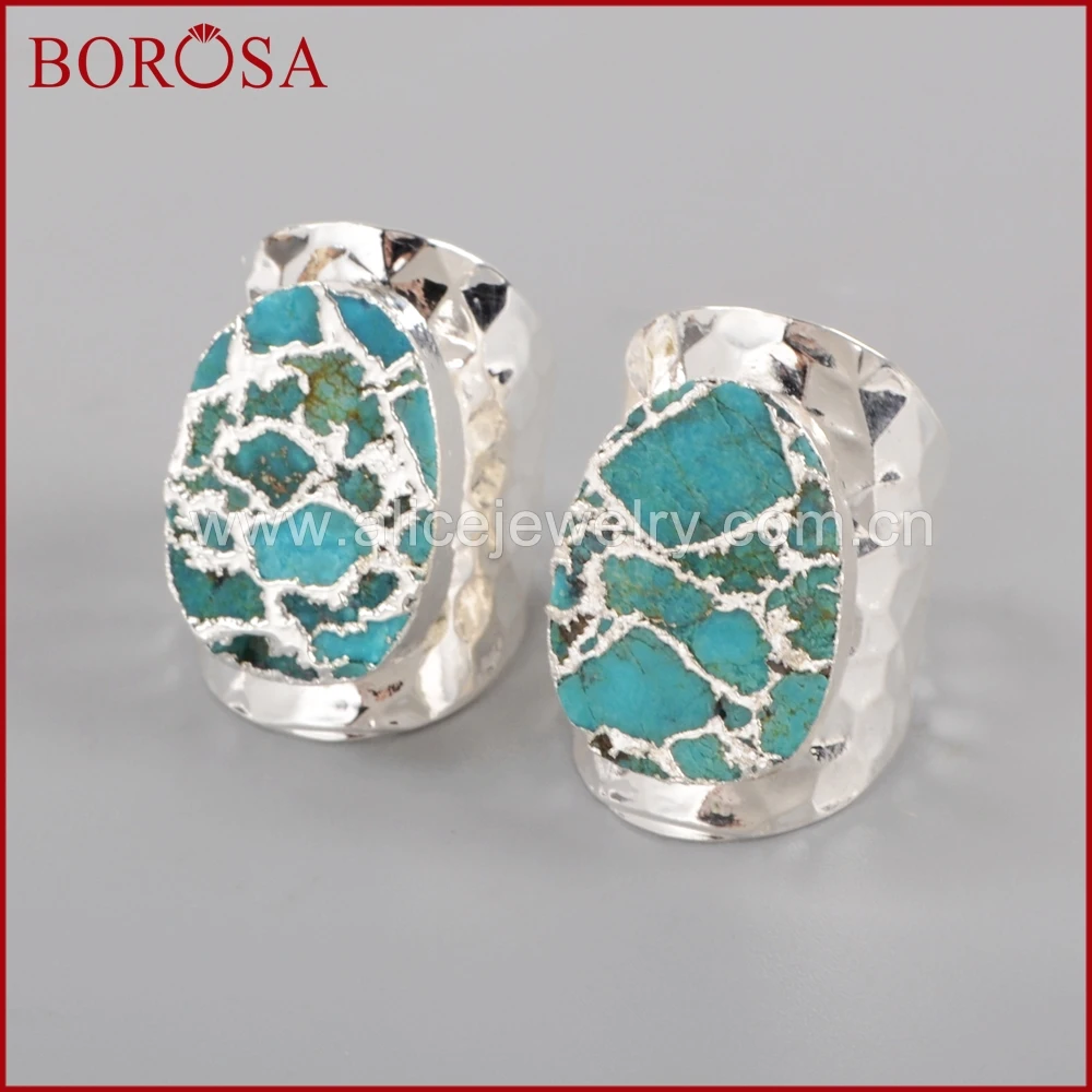 

BOROSA 100% Natural Blue Stone Druzy Band Ring, New Style Drusy Silver Color Copper Bang Rings Fashion Jewelry as Gift S1284