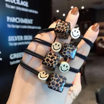 Net red explosion type leopard print hair accessories Korean smile face acrylic square beads ring |