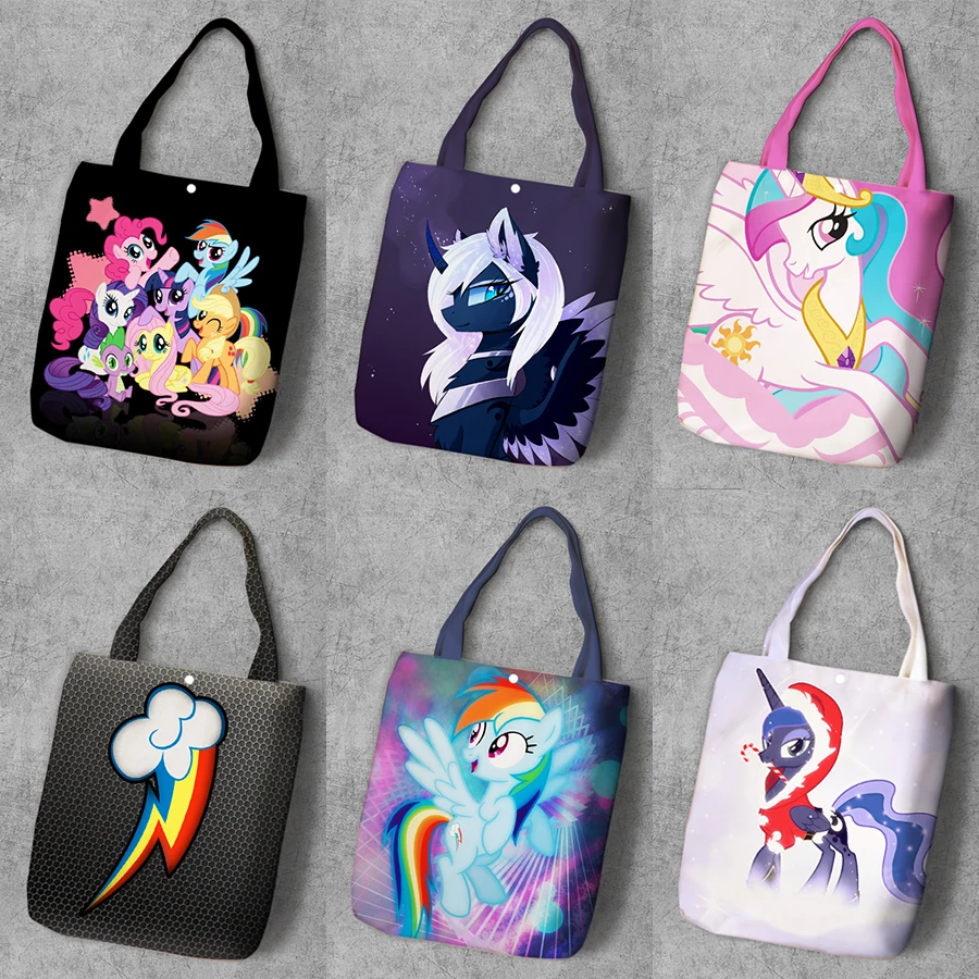 My ponysss мультяшная печатная парусиновая сумка для покупок, большая емкость, настраиваемая Сумка-тоут, модные женские повседневные сумки на плечо