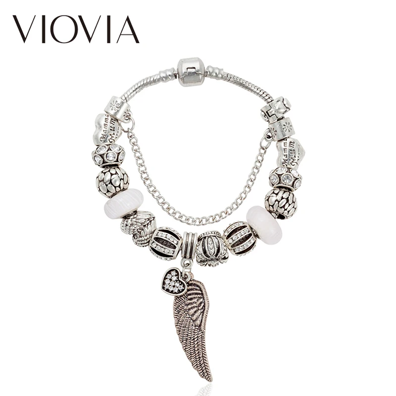 VIOVIA Fashion Murano Grass Bead Crown Bracelets &ampBangle For Women Crystal Heart Wings Bracelet Female Pulseras Mujer B15369 |
