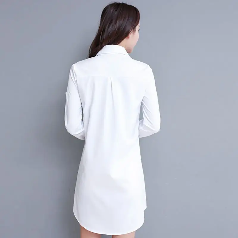 Женская Длинная блузка до колена с длинным рукавом и отложным воротником женские