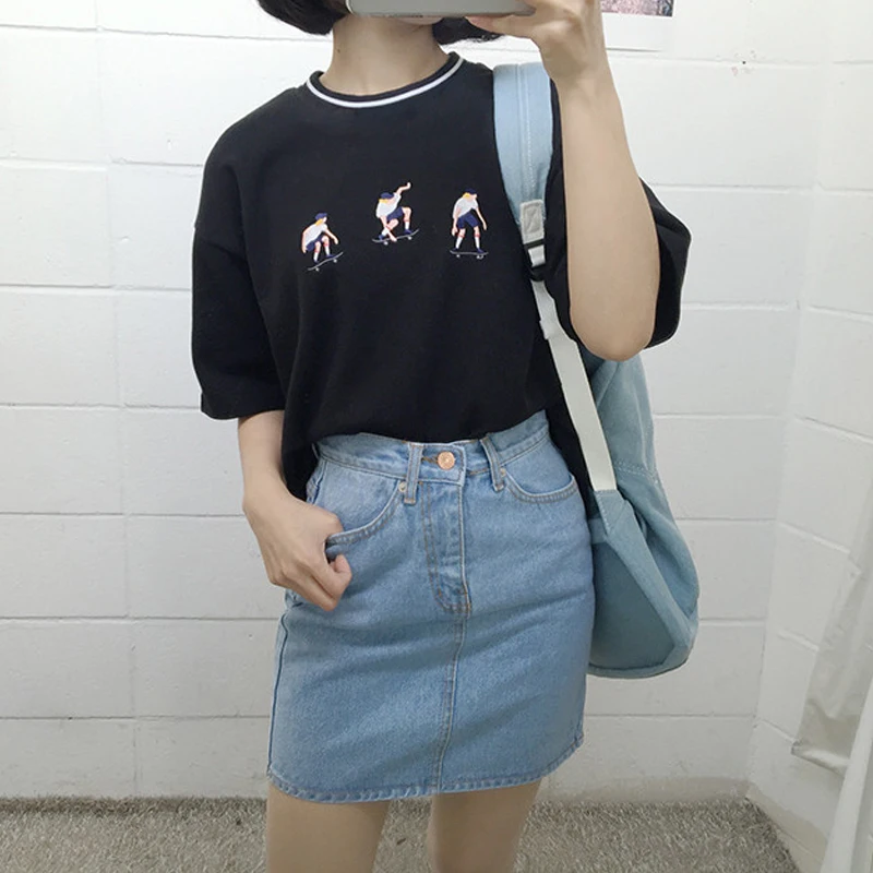 Kawaii вышитая Футболка для женщин с коротким рукавом 2019 новый стиль Свободный корейский студенческий Ulzzang Bagins