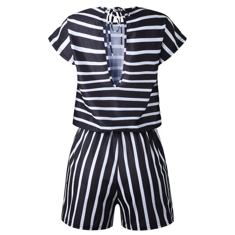 Пикантные полосатый комбинезон лето Playsuit свободные с коротким рукавом пляжный комбинезоны для девочек кружево до Галстуки элегантный женщин