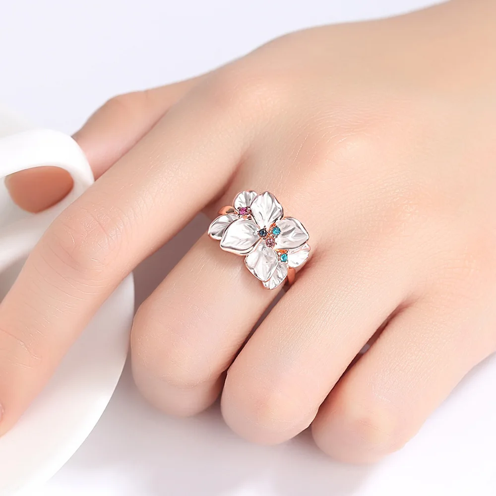 

Silikolove Creative Personality Jewelry Ring with Rose Gold Color Crystal Enamel Flower Wedding Rings for Women Anello Anillo