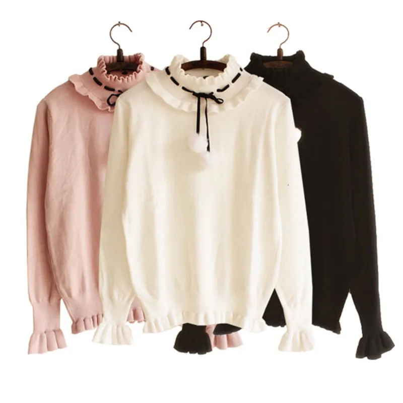 Adomoe Autumn Female Sweater Ruffles Turtleneck Knitwear Soft sister Lovely Cute Japanese Young Girl Sweet Women Solid Sweaters | Женская