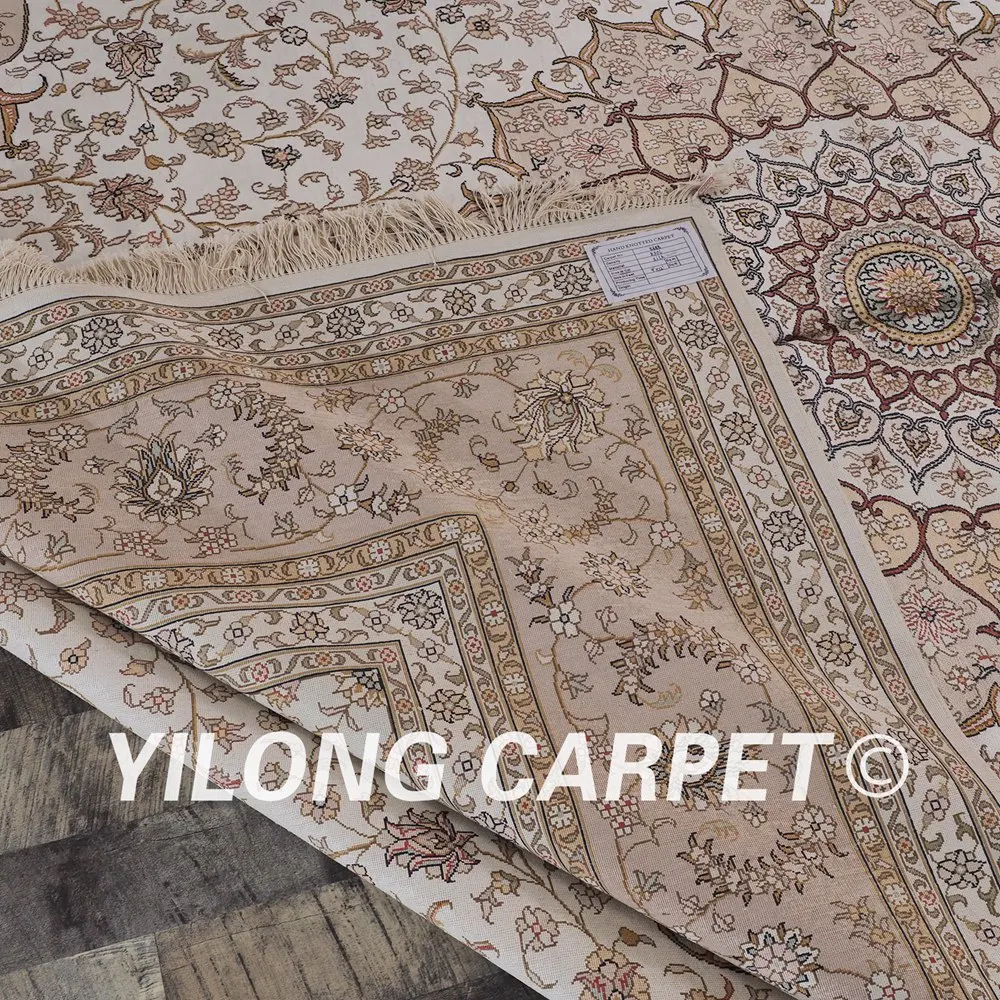 Yilong 9'x12' персидский шелковый ковер бежевый античный турецкий ручной работы
