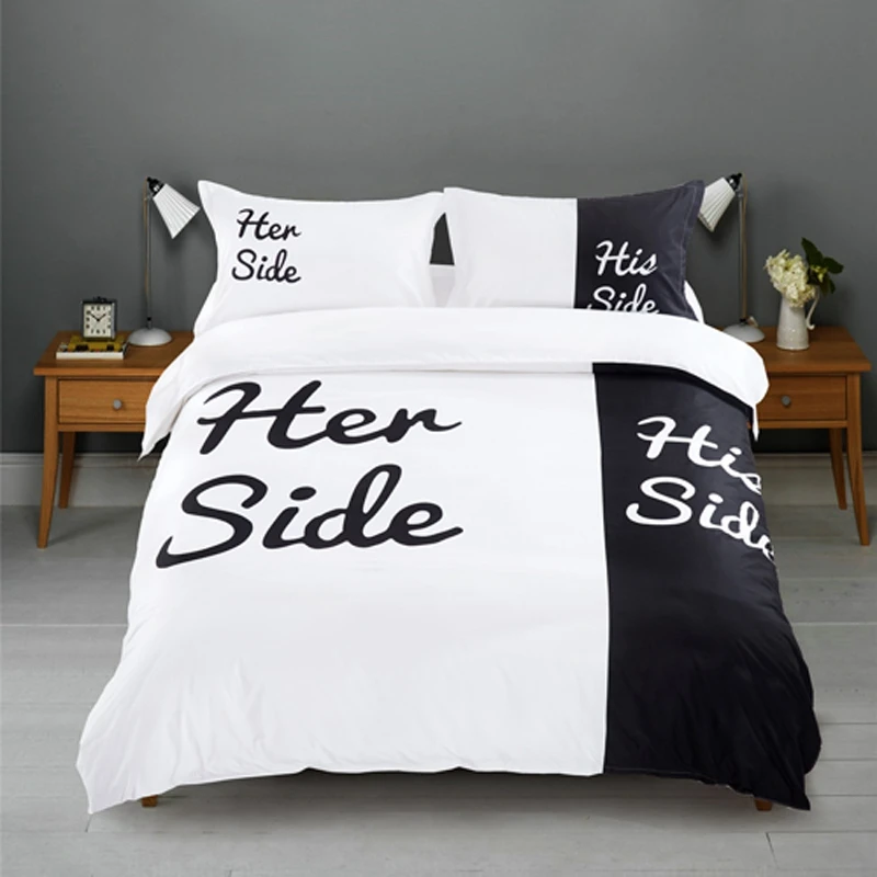 

Simple Black + White Her Side His Side Duvet Cover Set Queen/King Size Double Bed 3pcs Bed Linen Couples Bedding Sets