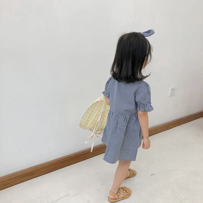 2019 Spring New Arrival korean style cotton plaid short sleeve princess dress with headband for cute sweet baby girls | Детская одежда