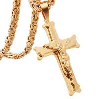 hot sale jesus cross gold color necklaces men women pendant stainless steel with 6mm byzantine chain christian crucifix jewelry