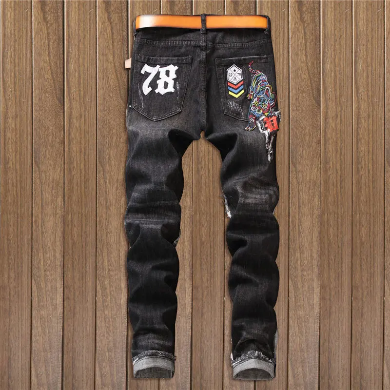 2019 Fashion Men's Punk Jeans Tiger Skull Embroidery Nightclub Patchwork Denim Pants for Male | Мужская одежда