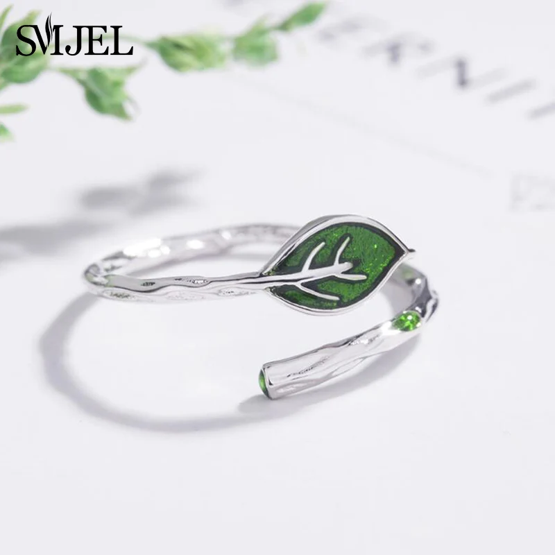Женское кольцо с веткой и зеленым листом SMJEL регулируемое на палец винтажное