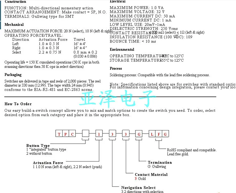 Импортный переключатель колес ITT 20 шт./лот тестовый TPC2133G LFG позолоченная ножка |
