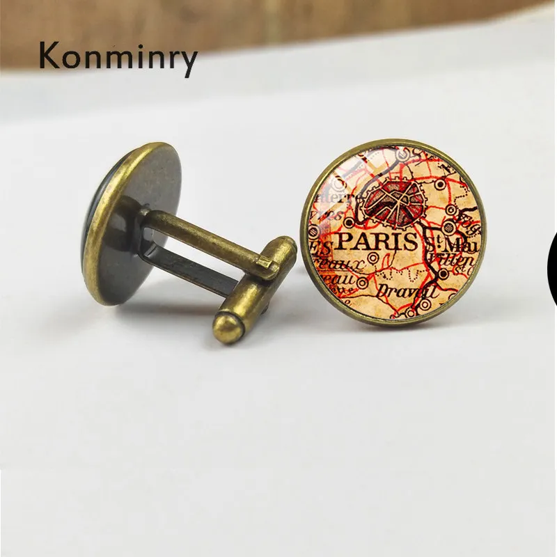 bronze Konminry Винтаж Париж, Франция карта Запонки Красный зеленый компас узор Круглый Стекло Подвески Для мужчин рубашка костюм Запонки Свадьба - Окраска металла: bronze
