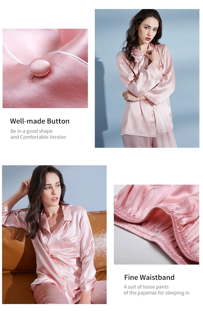 Натуральный шелковый пижамный комплект, Женский комплект из 2 предметов, Одноцветный, длинный рукав, на пуговицах, натуральный шелк, пижама для женщин, темно-синий Шелковый Пижамный костюм