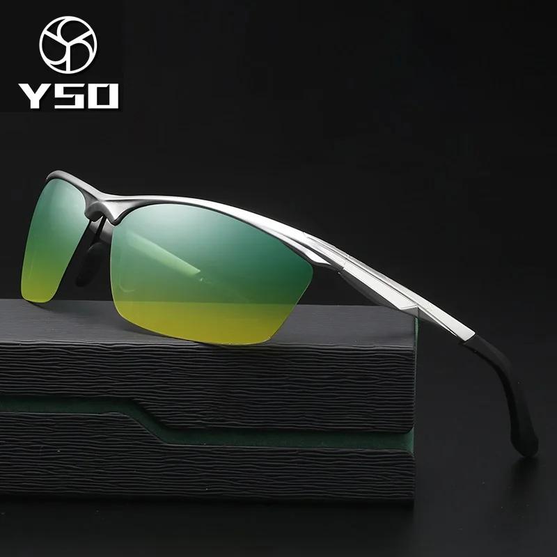 

YSO Sunglasses Men Polarized UV400 Aluminium Magnesium Frame HD Night Vision Driving Glasses Semi Rimless Accessory For Men 8545