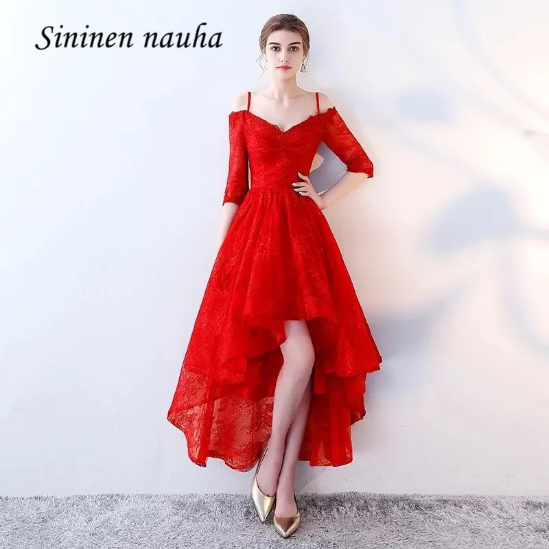 

Red Prom Party Dresses Sleeves High Low Off Shoulder Lace Homecoming Cocktail Dress For Graduation Juniors Vestido De Festa 169