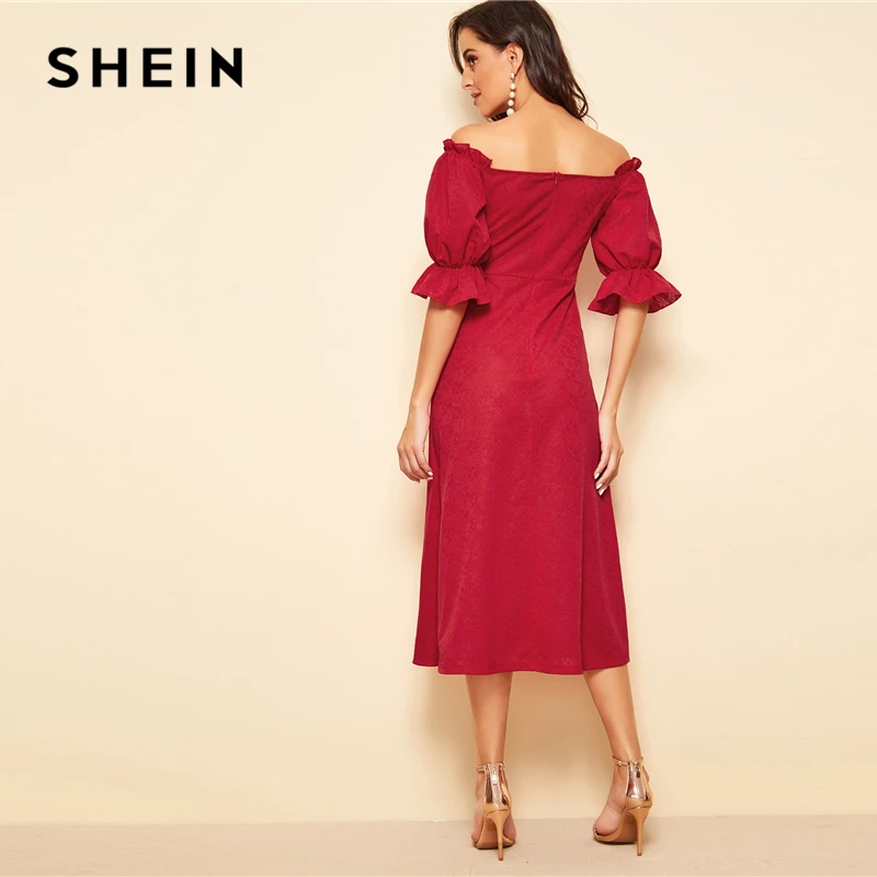 SHEIN Расклешенное Платье На Пуговицах С Оригинальным Рукавом И Оборкой Вечерние Длинные Платья Для Женщин