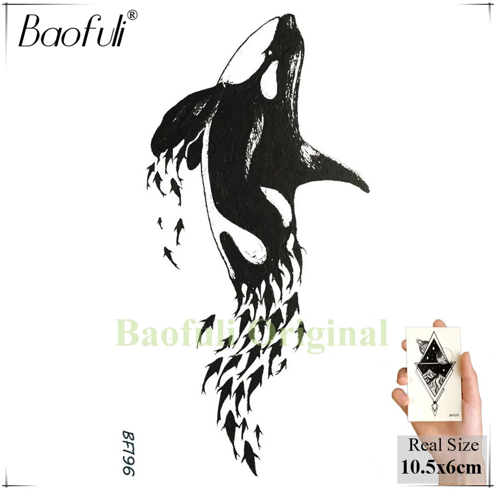 Водонепроницаемые Детские татуировки Baofuli Black Dolphin Whale Временная наклейка с