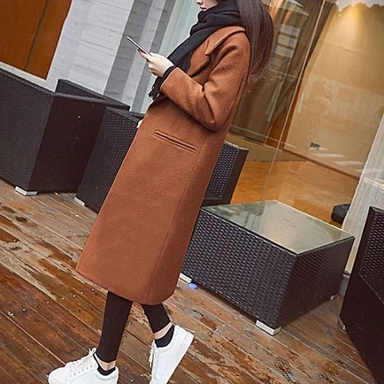 Caramel color Женское осенне-зимнее шерстяное и смесовое длинное пальто с длинным рукавом и отложным воротником, с карманами на одной пуговице, Женская Повседневная тонкая верхняя одежда - Цвет: Caramel color