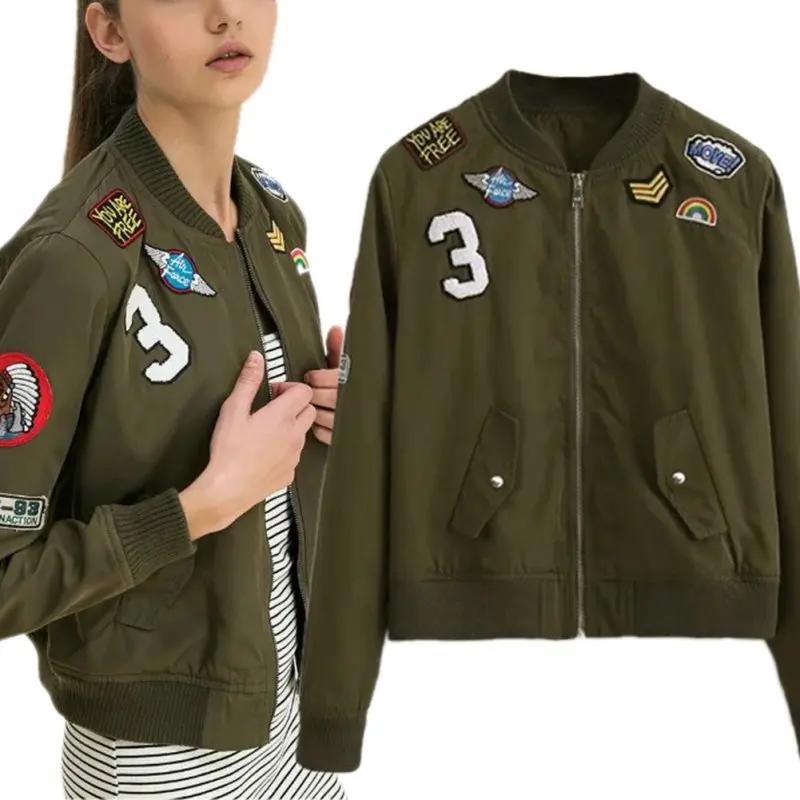 Женское пальто армейское зеленое с нашивками|jacket coat|army green bomber jacketwomen coat |