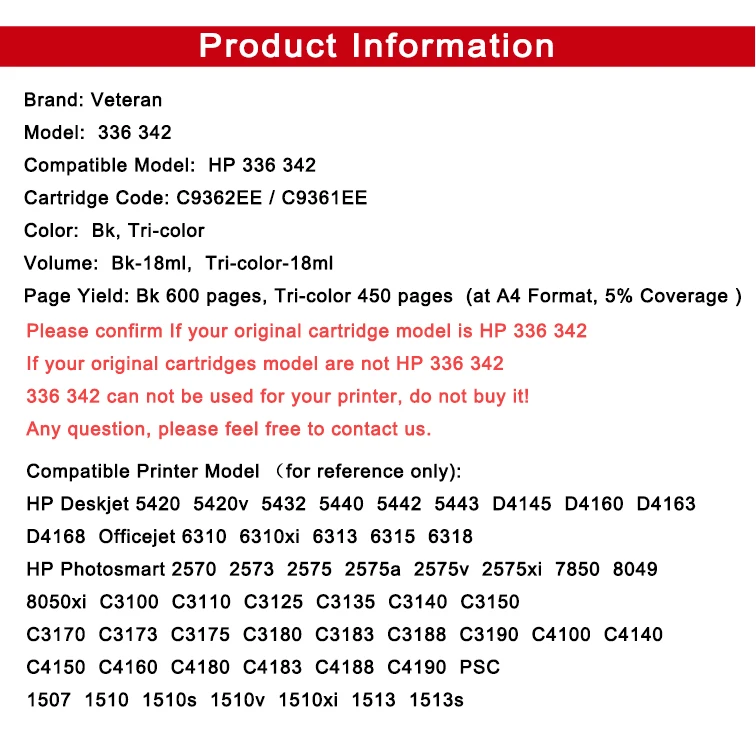 Veteran 336 342 xl Заправляемый картридж с чернилами для принтера hp Deskjet 5440 1510 PSC 2710 2575 C3180