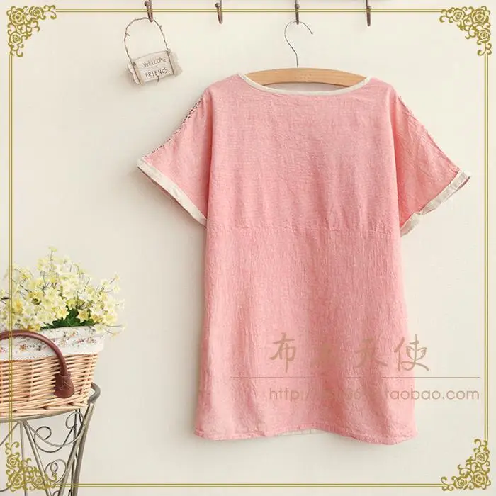 2014 the new women's cotton and linen floral stitching embroidery loose short sleeve T-shirt free shipping D064 | Женская одежда